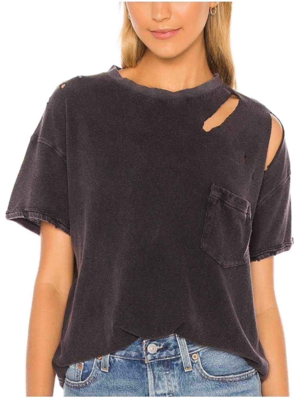 Free People Washed Black Distressed Short Sleeve Tee